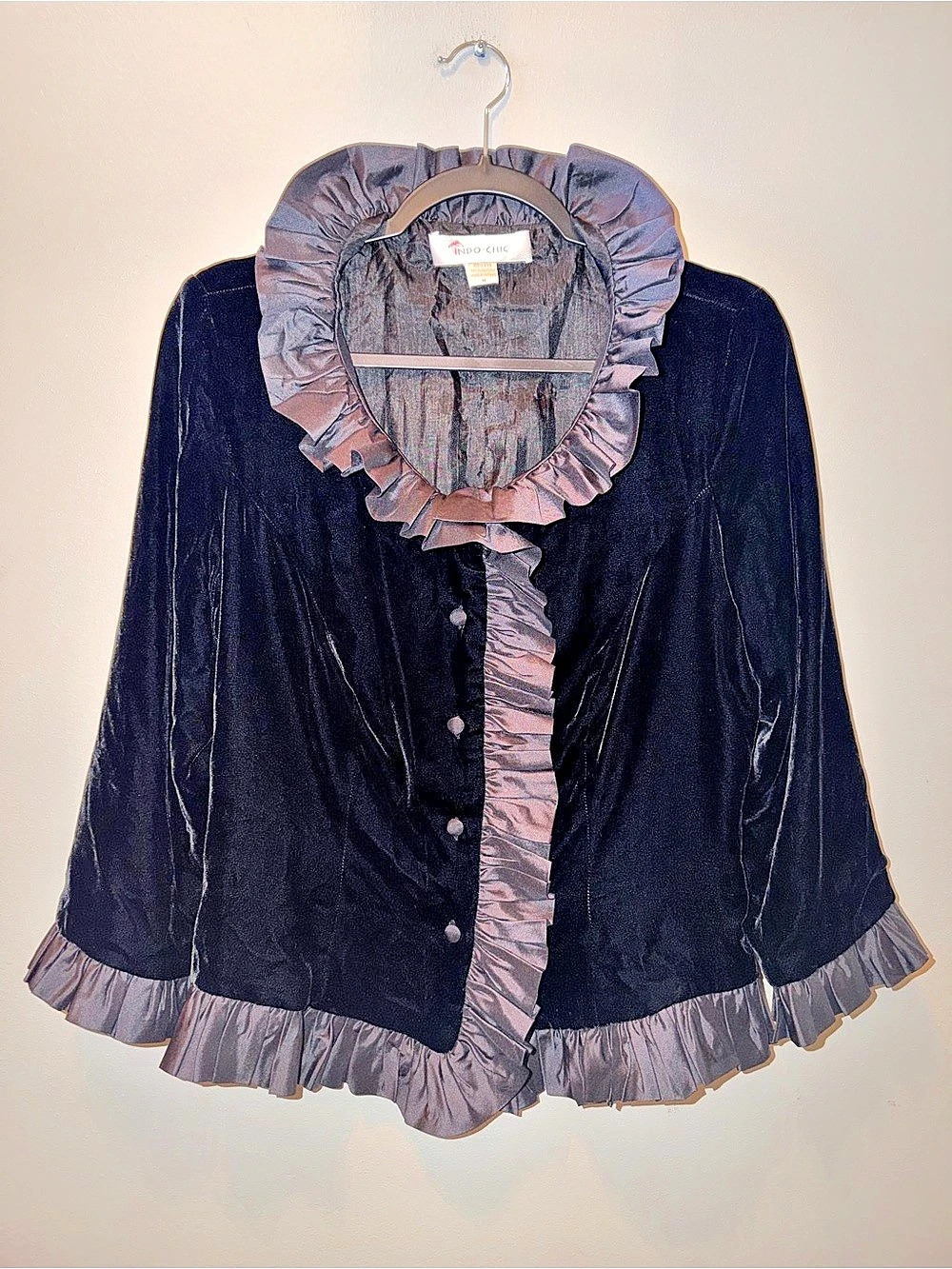 Indo Chic Black Velvet Ruffled Trim Romantic Goth Evening Jacket size Medium
